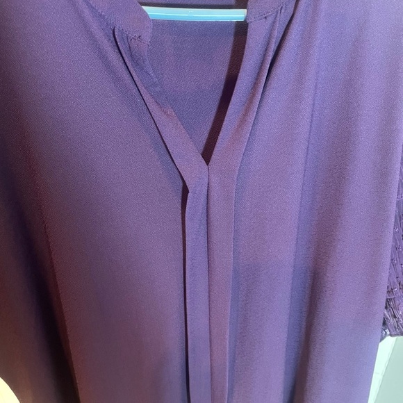 Flower and Feather Purple Womens Blouse with Sheer Decorative Short Sleeves - Picture 9 of 12